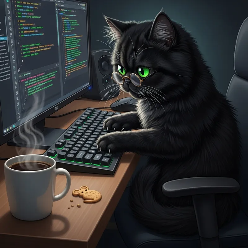 Sleek Black Persian Cat with Green Eyes Typing Code