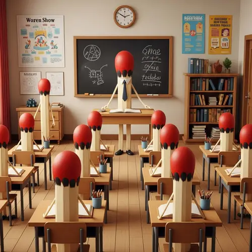 Unique Matchstick Classroom Scene with Red-Headed Students and Teacher