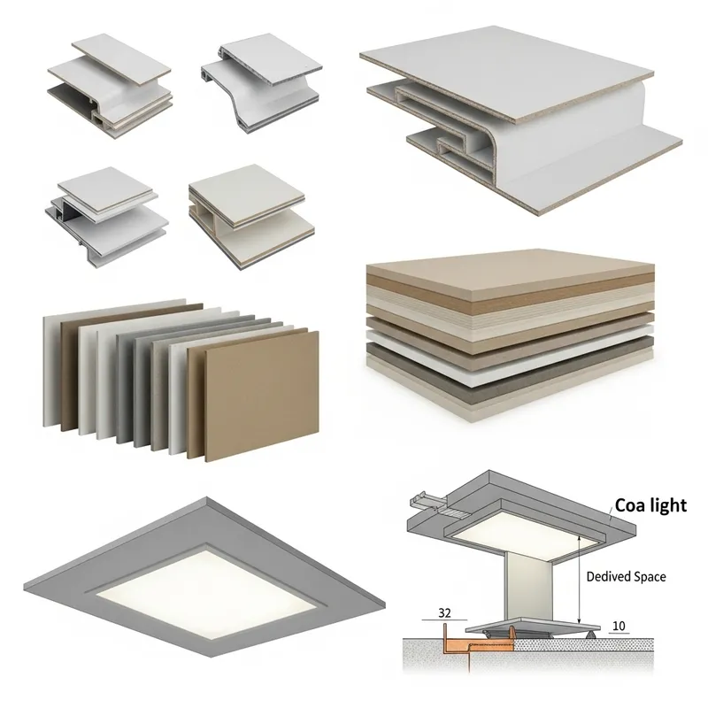 False Ceiling Types, T Grid Edges, Gypsum Boards & Cove Light Cross Section
