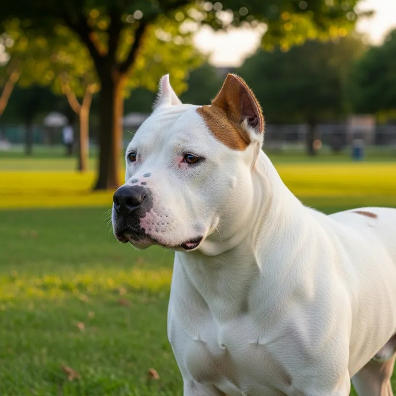 White Pitbull Dog with One Brown Ear