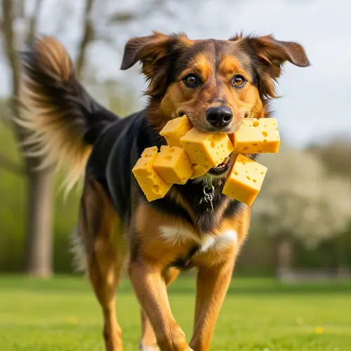 Playful Dog Carrying Cheese - Joyful and Fun Moment