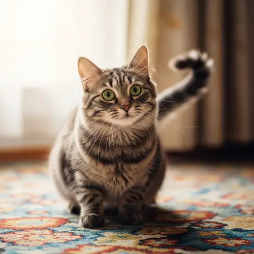 Adorable Domestic Cat with Striking Green Eyes on Bright Patterned Carpet