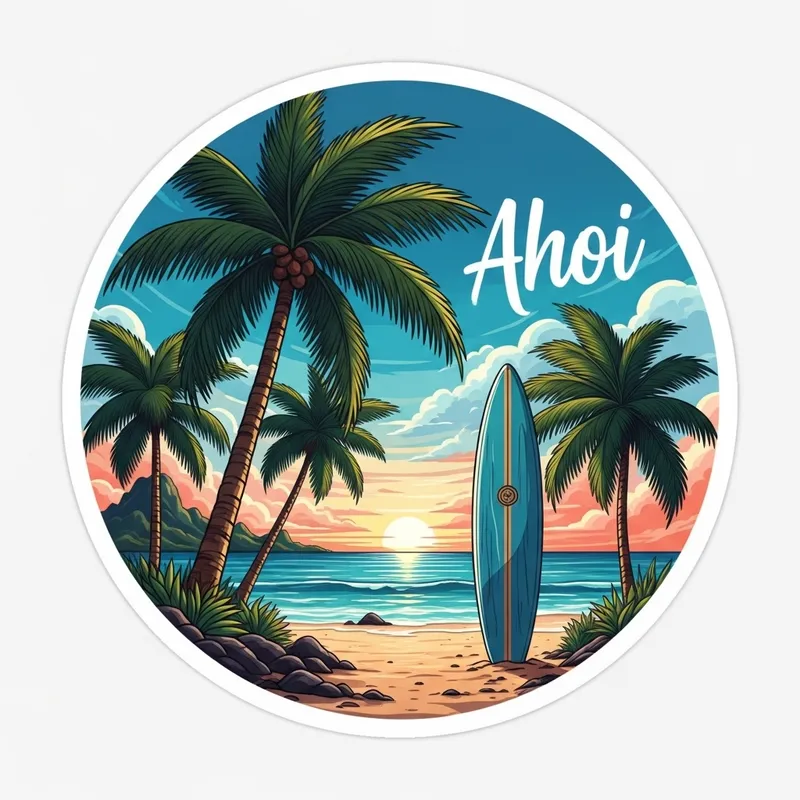 Circular Beach Scene Sticker | Palm Trees & Surfboard