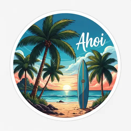 Serene Beach Scene Sticker | Ahoi Word, Palm Trees & Surfboard