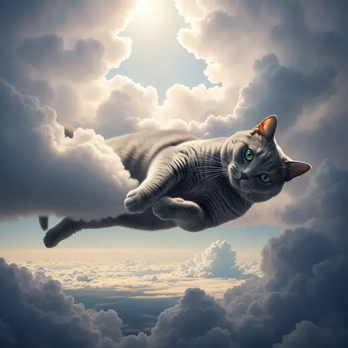 Grey Cat Floating Among Clouds