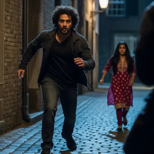 Dramatic Movie Scene: Hero Rescues Love Interest in Dark Alley