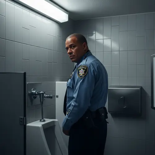 Middle-Aged Copper-Toned Skin Traffic Officer Using Restroom