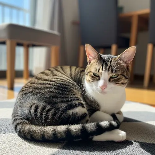 Tranquil Tabby Cat on Cozy Rug | Peaceful Domestic Scene
