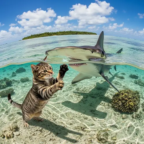 Cat Playfully Engaging with Hammerhead Shark