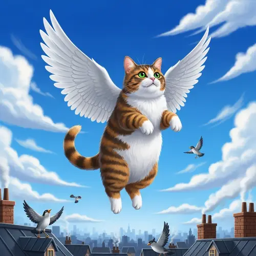 Whimsical Flying Cat Illustration | Magical Scene with Calico Feline