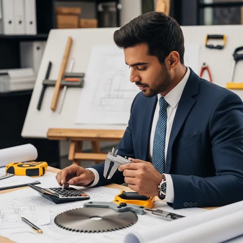 South Asian Male Engineer Calculates Saw Diameter | Drafting Desk Scene