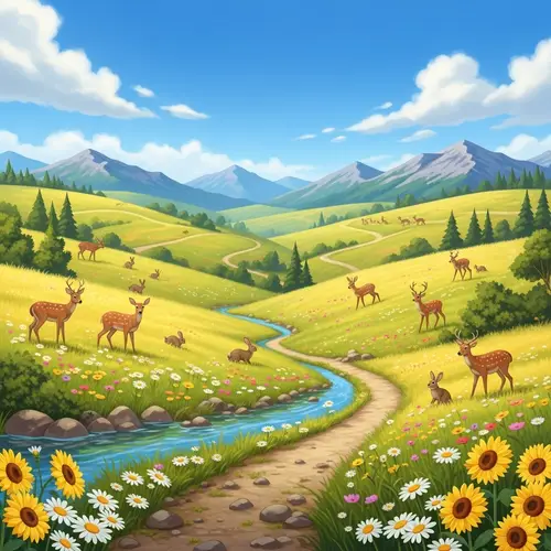 Tranquil Landscape with Rolling Hills and Wildlife