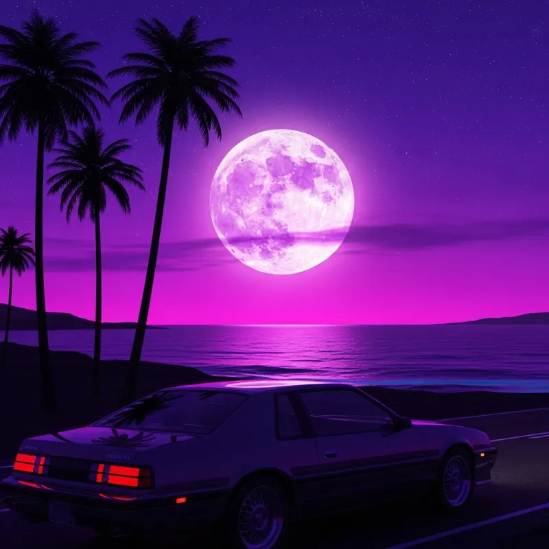 Retro 1980s Car on Coastal Road at Dusk | Neon Moon Scene Retro 1980s Car on Coastal Road at Dusk | Neon Moon Scene