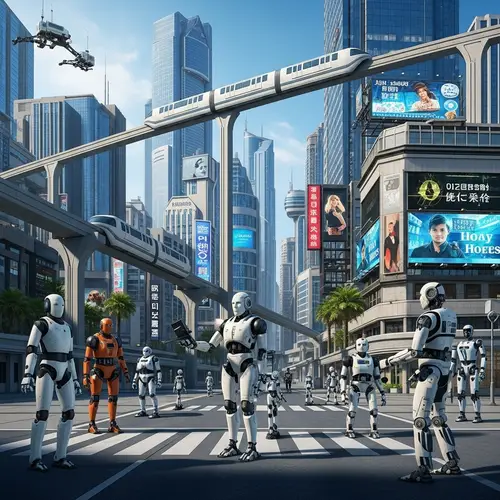 Futuristic Robots in a High-Tech Cityscape