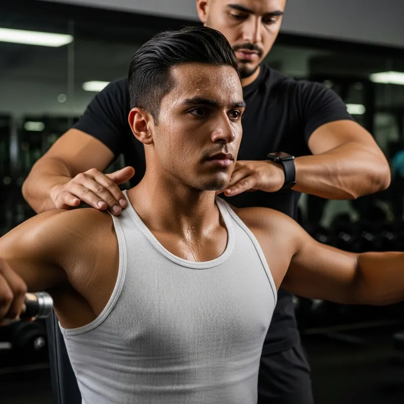 Physically Fit Young Man Correcting Posture with Trainer at Gym Physically Fit Young Man Correcting Posture with Trainer at Gym