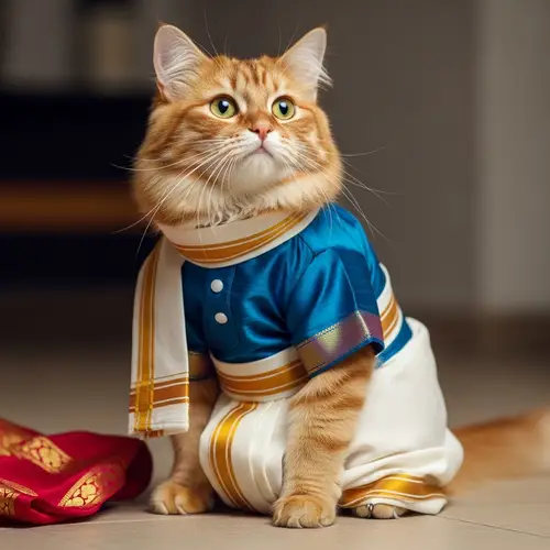 Fluffy Cat in Traditional South Asian Attire | Elegant Feline Fashion