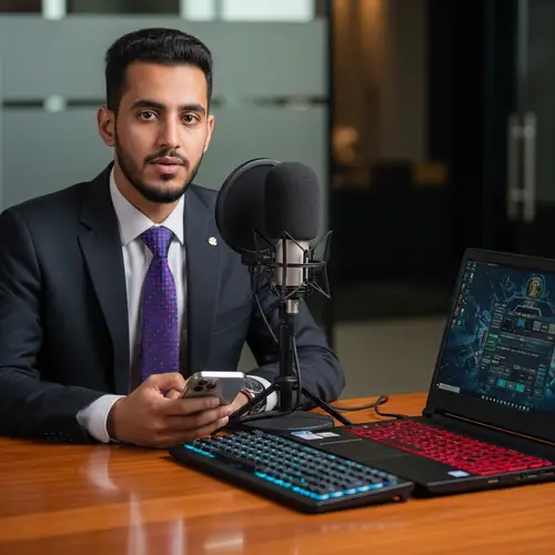 Young Yemeni Man in Formal Suit with Microphone and Gaming Laptop