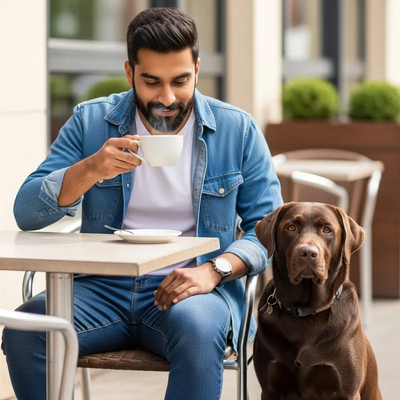Man Enjoying Coffee at Sunny Cafe with Loyal Labrador Dog