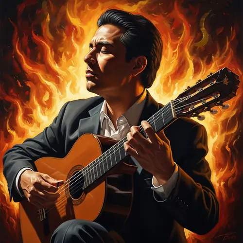 Elegant Portrait of Classical Guitarist with Dancing Flames