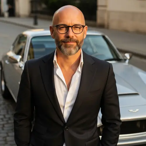 Handsome Bald Man with Glasses Poses by Car | Automotive Photos