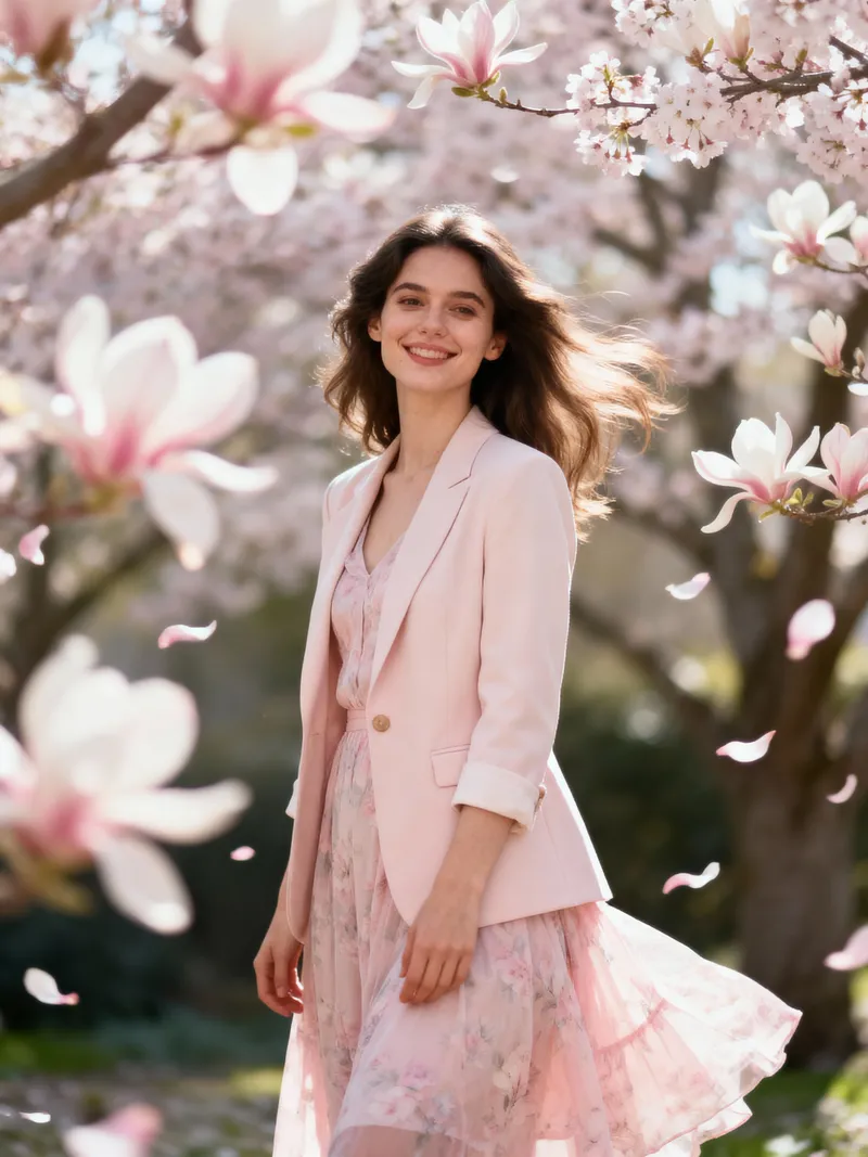 Spring Blossom Portrait: Beautiful Woman in Pastel Dress