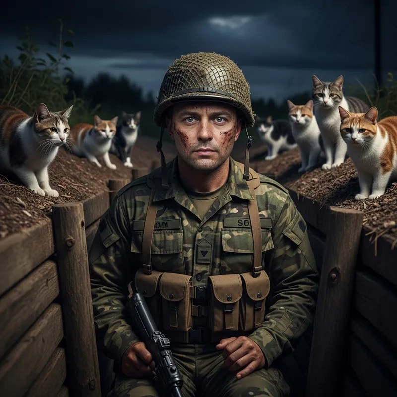 Putin as Assault Soldier in Trench with Cats