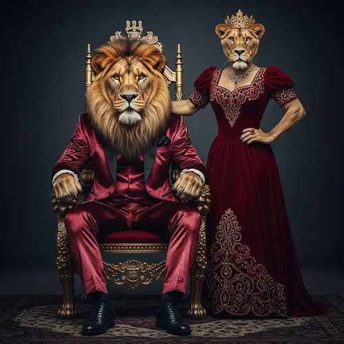 Regal Lion Portrait in Velvet Suit & Elegant Dress