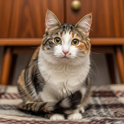 Fluffy Domestic Cat with Amber Eyes | Tri-Colored Fur Pattern
