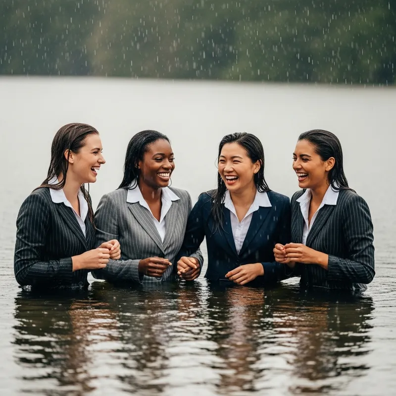 Joyful Moments: Women in Suits Enjoying a Lake