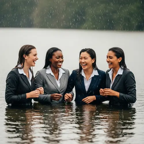 Joyful Moments: Women in Suits Enjoying a Lake