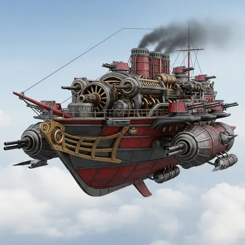 Flying Steampunk Ship with Side Guns and Powerful Engine