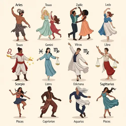 Dynamic Zodiac Dance Illustration with Interpretive Figures