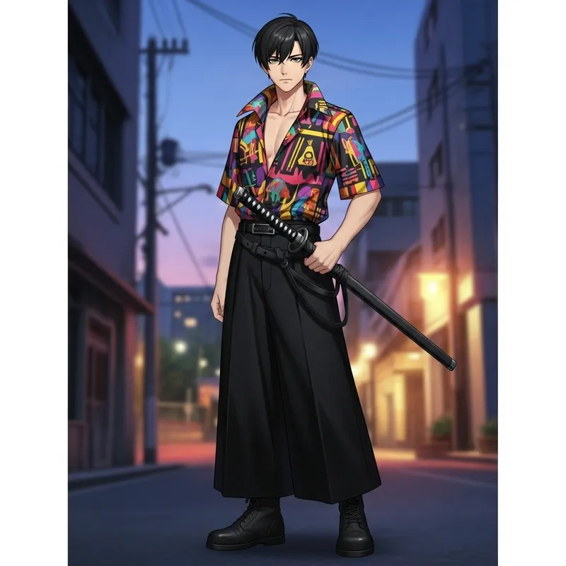 Stylish Young Man with Green Eyes and Katana - Trendy Look