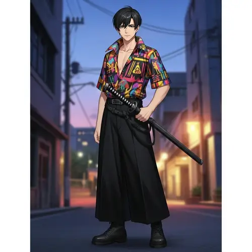 Young Man Fashion with Green Eyes and Katana - Trendy Style