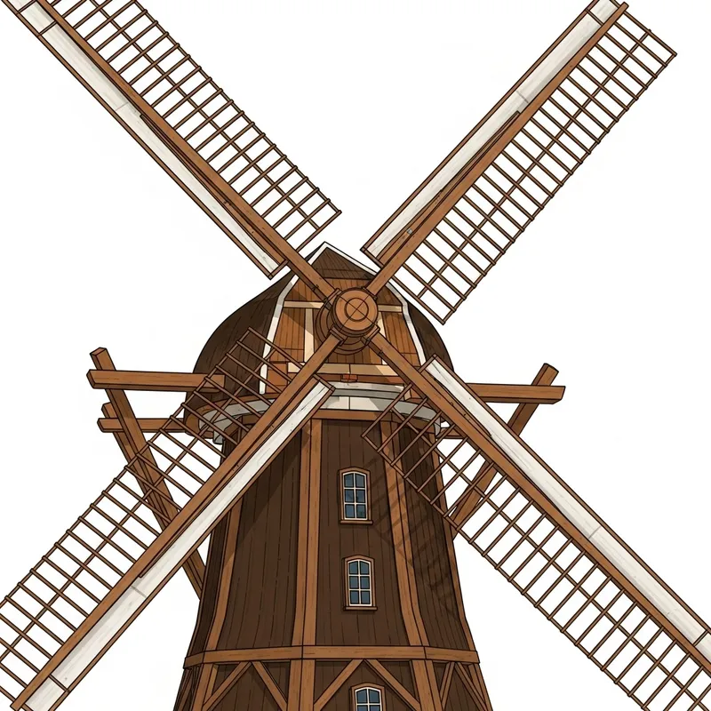 Technical Illustration of a Windmill in Brown and Orange Colors