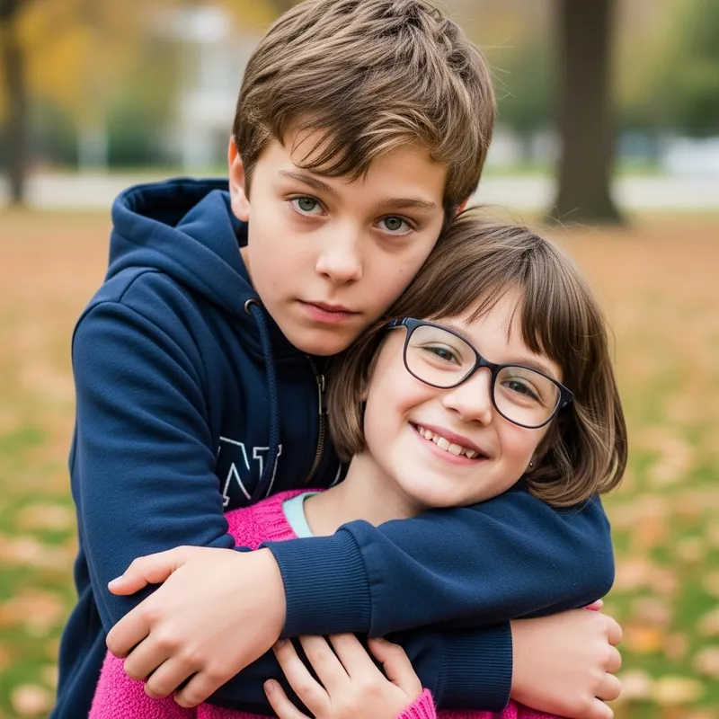Serious Boy with Light Brown Hair Embracing Smiling Girl with Short Brown Hair and Glasses | Heartwarming Moment
