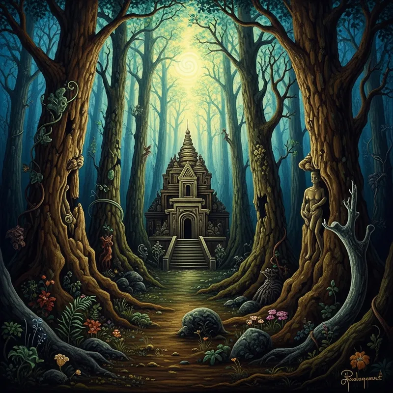 Enchanting Forest Scene with Ancient Temple and Mystical Creatures