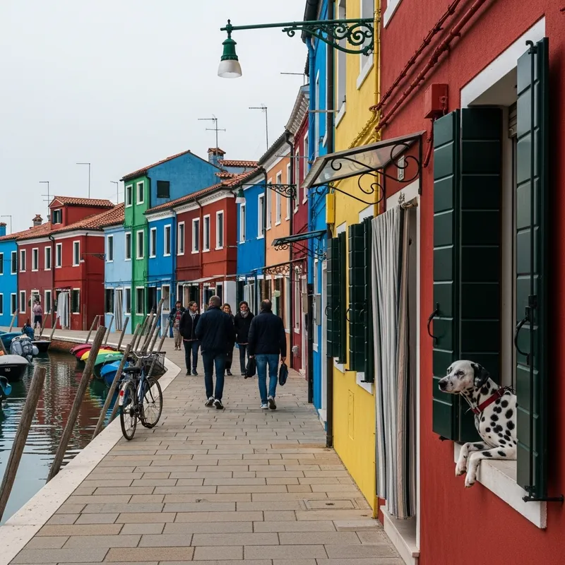 Vibrant Burano Italy Scene with Dalmatian and Canal Life