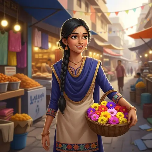 Young South Asian Girl Selling Fresh Flowers at Vibrant Indian Market