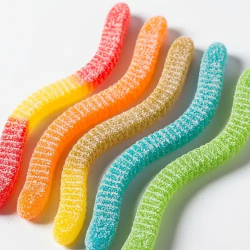 Vibrant Gummy Worms on White Background