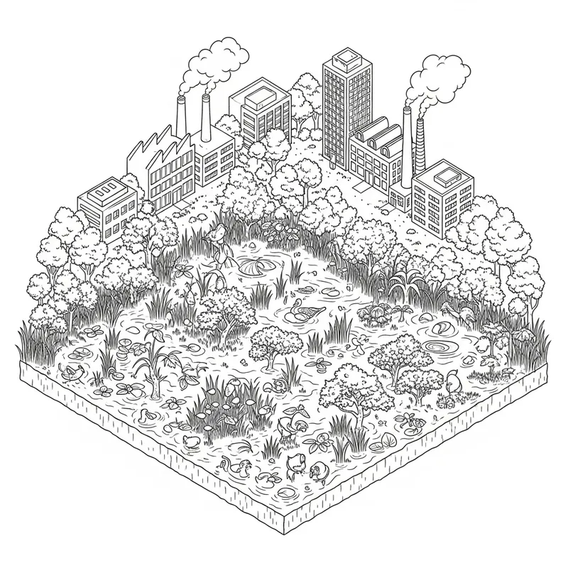 Isometric Wetland Illustration: Urban Wildlife