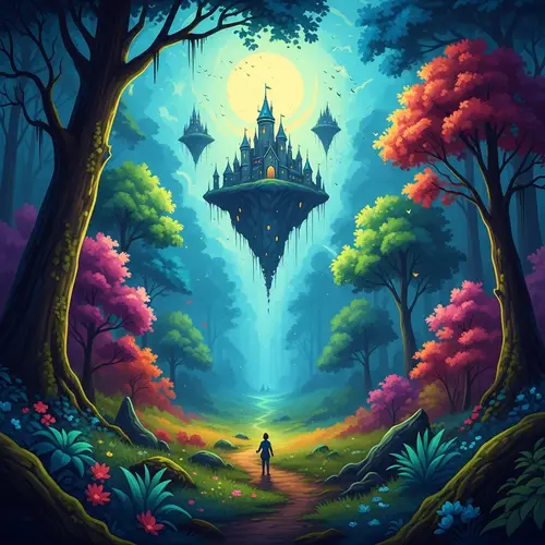 Mystical Forest Scene with Floating Castle | Enchanting Fantasy Art