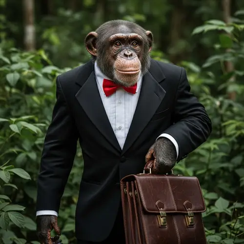 Sophisticated Chimpanzee in Black Tuxedo with Red Bow Tie