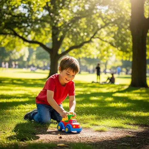 Young Boy Playing with Toy Car in Green Park