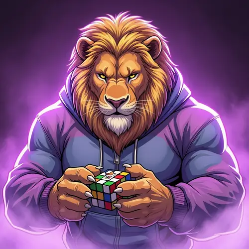 Robust Lion Solving Rubik's Cube in Purple Hoodie