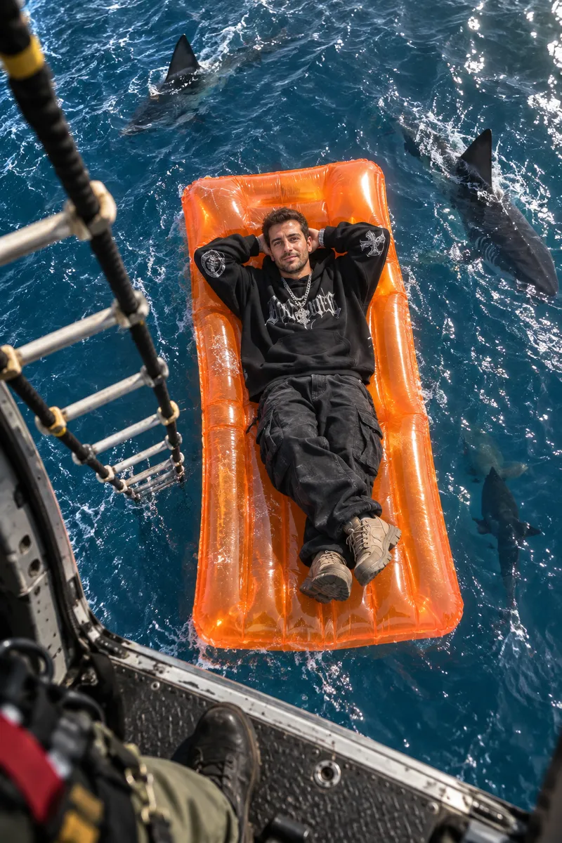 Aerial View: Man vs Sharks in the Open Ocean Aerial View: Man vs Sharks in the Open Ocean