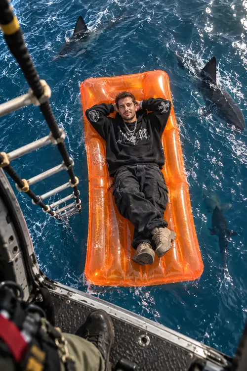 Aerial View: Man vs Sharks in the Open Ocean