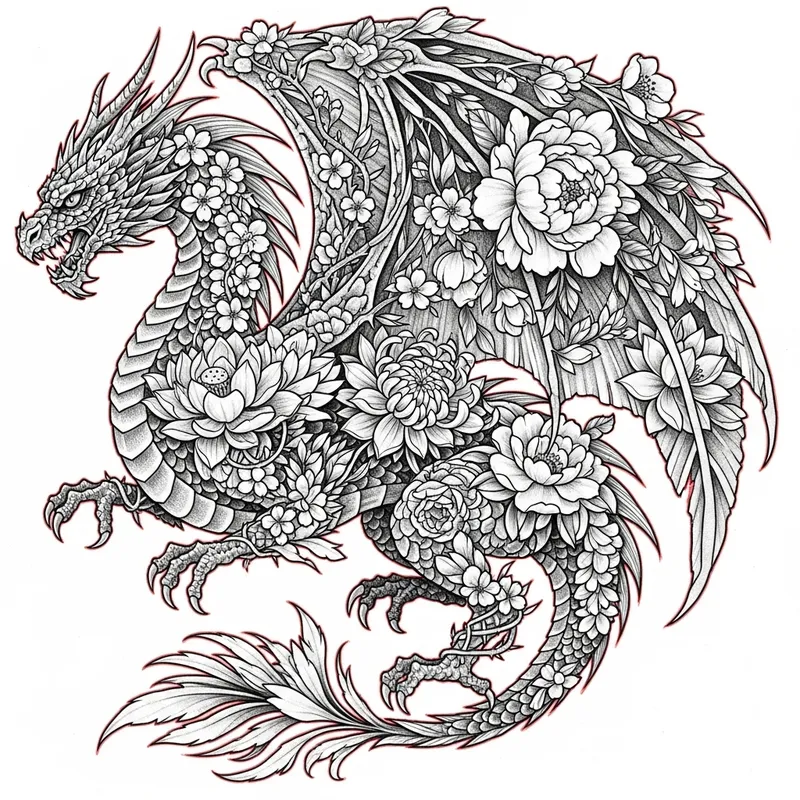 Dragon Flower Tattoo Design: Stunning Fantasy Ink Art