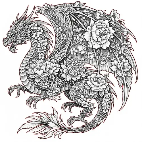 Flower Dragon Tattoo: Majestic Fantasy Design
