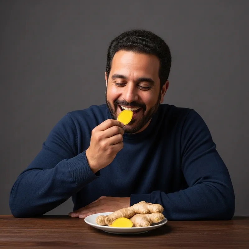 Middle Eastern Man Enjoying Bright Yellow Ginger - Delightful Image